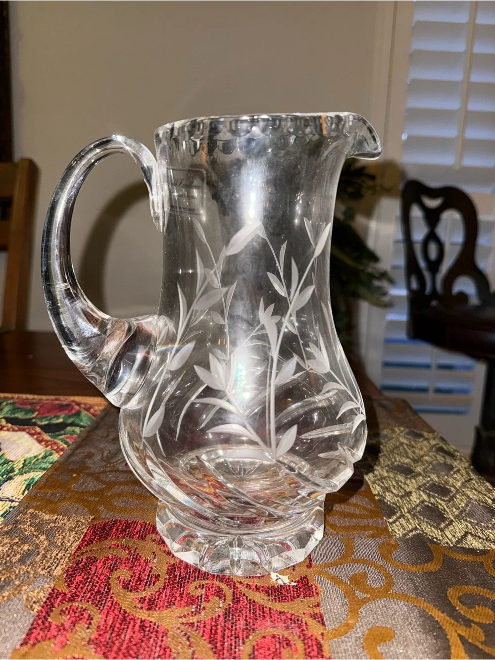 Crystal Etched Pitcher - Clear Glass Floral Design